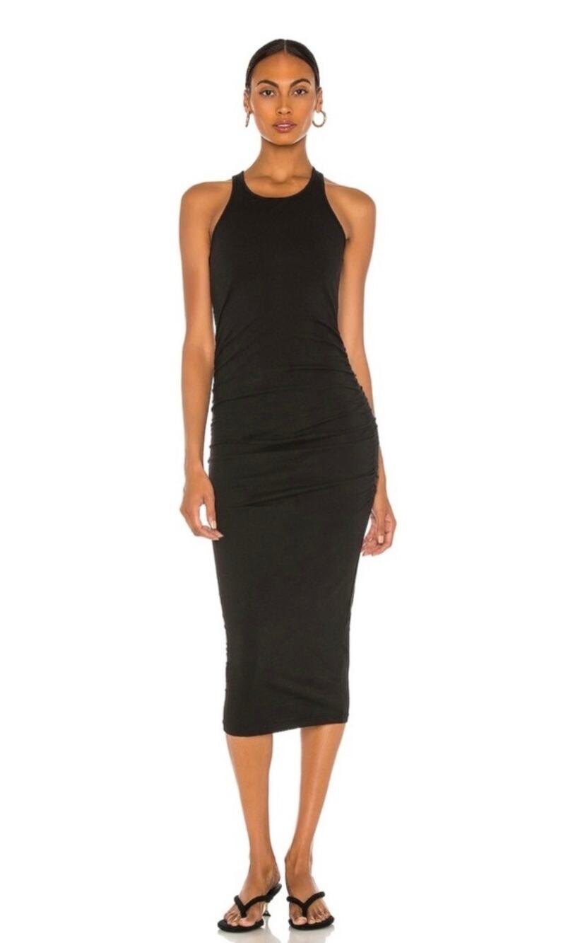 Michael Stars Black Racerback Ruched Midi Dress Size L Cotton Stretch Bodycon